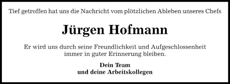  Traueranzeige für Jürgen Hofmann vom 23.11.2019 aus Fränkische Nachrichten