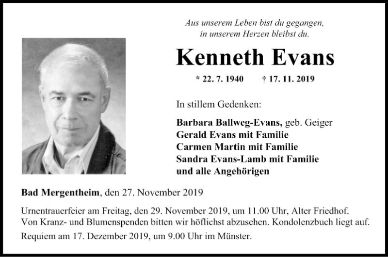  Traueranzeige für Kenneth Evans vom 27.11.2019 aus Fränkische Nachrichten