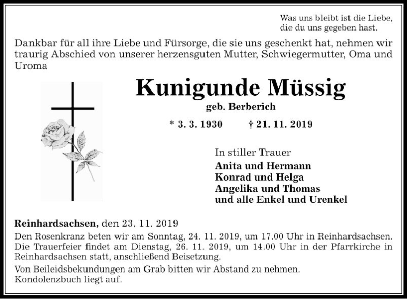  Traueranzeige für Kunigunde Müssig vom 23.11.2019 aus Fränkische Nachrichten