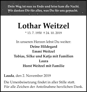 Traueranzeige von Lothar Weitzel von Fränkische Nachrichten