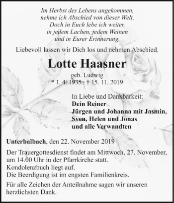 Traueranzeige von Lotte Haasner von Fränkische Nachrichten