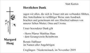 Traueranzeige von Margard Haag von Fränkische Nachrichten