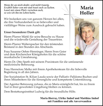 Traueranzeige von Maria Holler von Fränkische Nachrichten