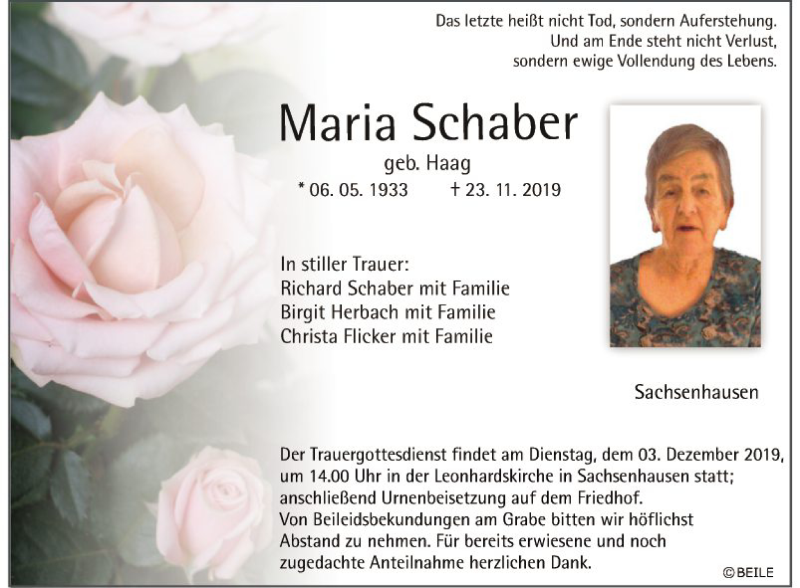  Traueranzeige für Maria Schaber vom 29.11.2019 aus Fränkische Nachrichten