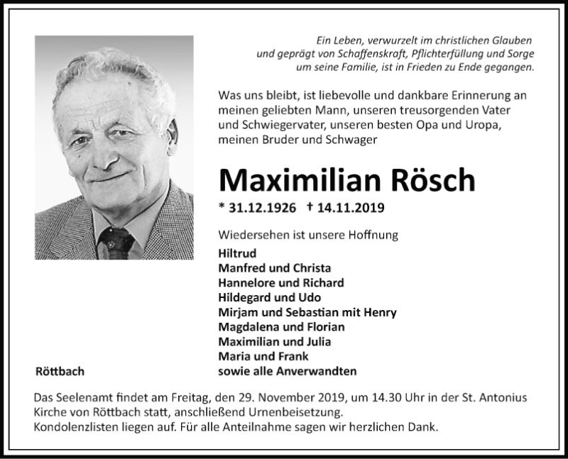  Traueranzeige für Maximilian Rösch vom 23.11.2019 aus Fränkische Nachrichten