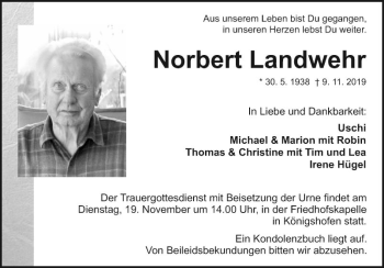 Traueranzeige von Norbert Landwehr von Fränkische Nachrichten