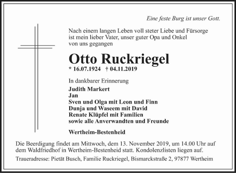  Traueranzeige für Otto Ruckriegel vom 09.11.2019 aus Fränkische Nachrichten