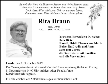 Traueranzeige von Rita Braun von Fränkische Nachrichten