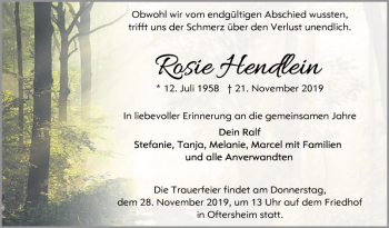 Traueranzeige von Rosie Hendlein von Schwetzinger Zeitung