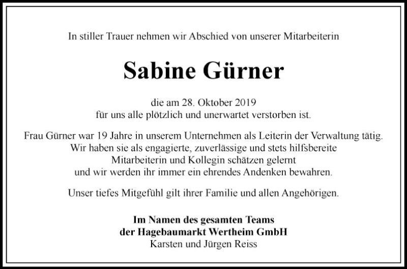  Traueranzeige für Sabine Gürner vom 16.11.2019 aus Fränkische Nachrichten