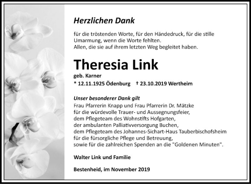  Traueranzeige für Theresia Link vom 16.11.2019 aus Fränkische Nachrichten