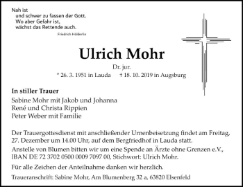 Traueranzeige von Ulrich Mohr von Fränkische Nachrichten