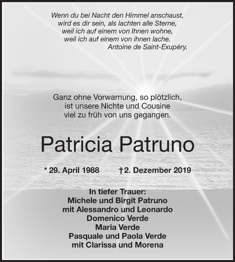  Traueranzeige für Patricia Patruno vom 07.12.2019 aus 