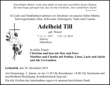 Traueranzeige von Adelheid Till von Fränkische Nachrichten
