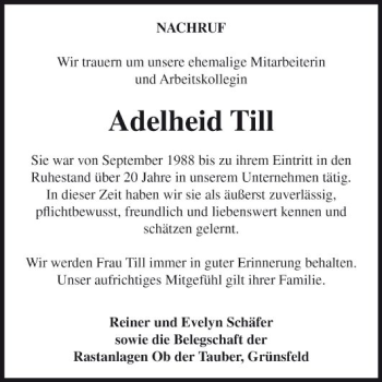 Traueranzeige von Adelheid Till von Fränkische Nachrichten