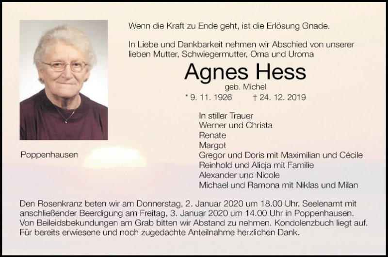  Traueranzeige für Agnes Hess vom 28.12.2019 aus Fränkische Nachrichten