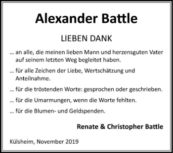 Traueranzeige von Alexander Battle von Fränkische Nachrichten