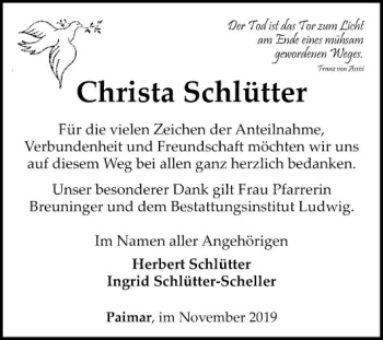 Traueranzeige von Christa Schlütter von Fränkische Nachrichten