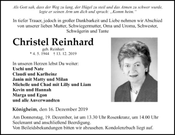 Traueranzeige von Christel Reinhard von Fränkische Nachrichten