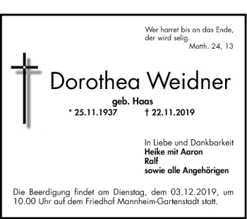 Traueranzeige von Dorothea Weidner von Mannheimer Morgen