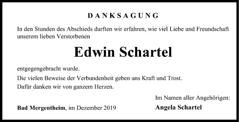  Traueranzeige für Edwin Schartel vom 30.12.2019 aus Fränkische Nachrichten