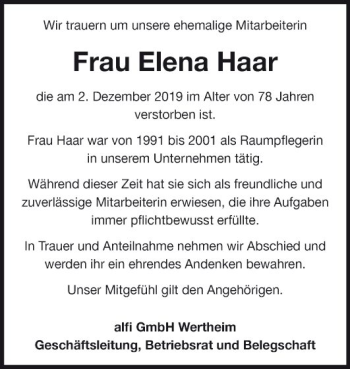 Traueranzeige von Elena Haar von Fränkische Nachrichten