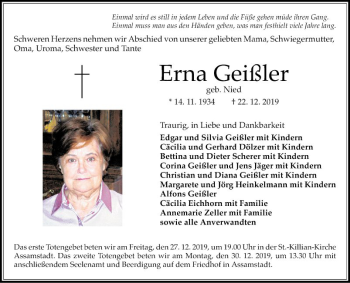 Traueranzeigen von Erna Geißler | Trauerportal Ihrer Tageszeitung