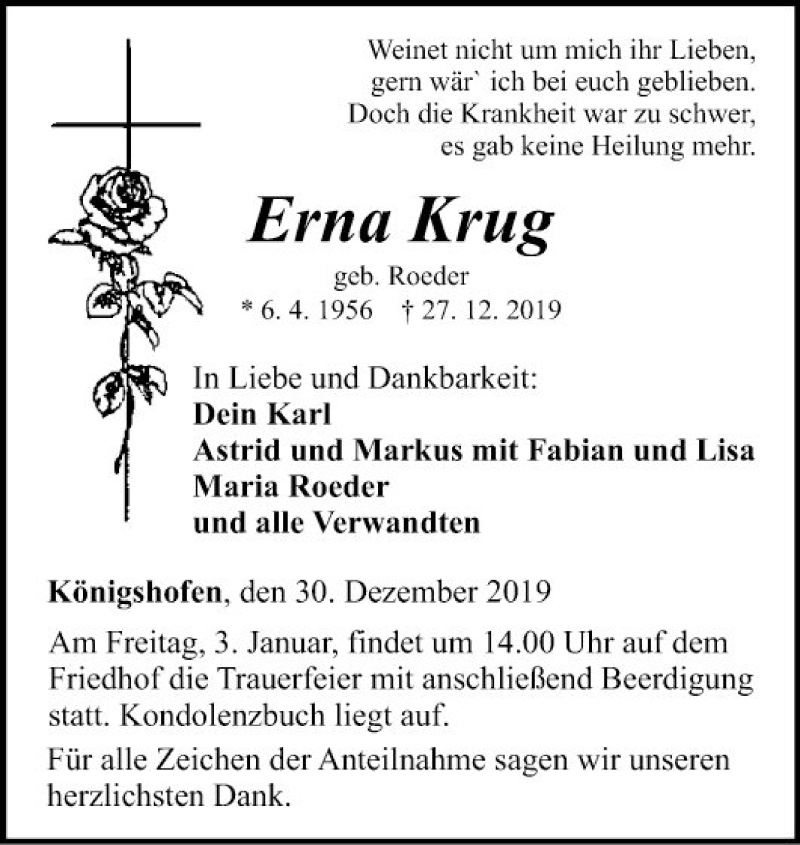  Traueranzeige für Erna Krug vom 30.12.2019 aus Fränkische Nachrichten