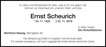 Traueranzeige von Ernst Scheurich von Fränkische Nachrichten