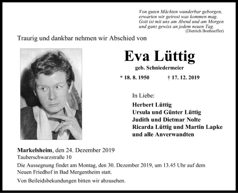  Traueranzeige für Eva Lüttig vom 24.12.2019 aus Fränkische Nachrichten