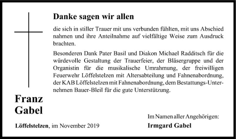  Traueranzeige für Franz Gabel vom 30.11.2019 aus Fränkische Nachrichten