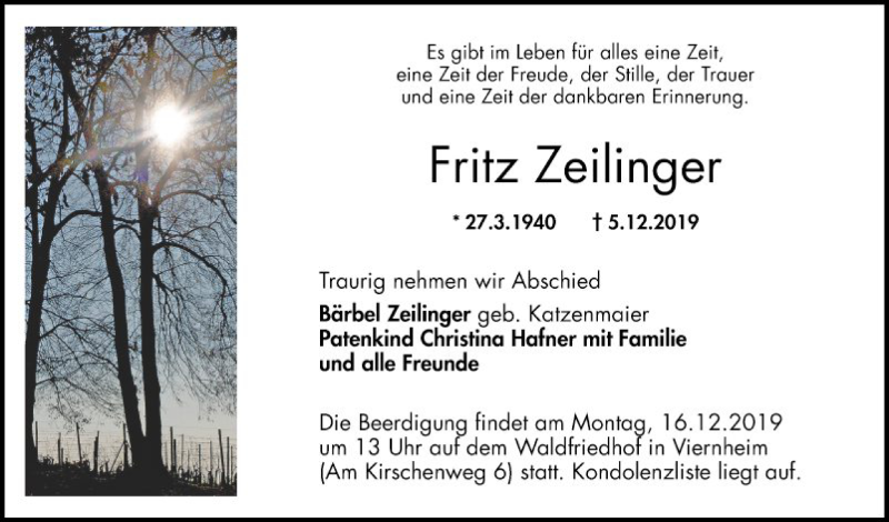  Traueranzeige für Fritz Zeilinger vom 13.12.2019 aus Mannheimer Morgen