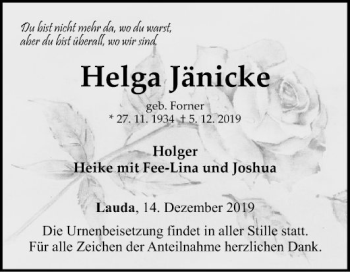 Traueranzeige von Helga Jänicke von Fränkische Nachrichten