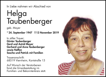 Traueranzeige von Helga Taubenberger von Mannheimer Morgen