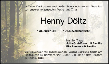 Traueranzeige von Henny Döltz von Mannheimer Morgen