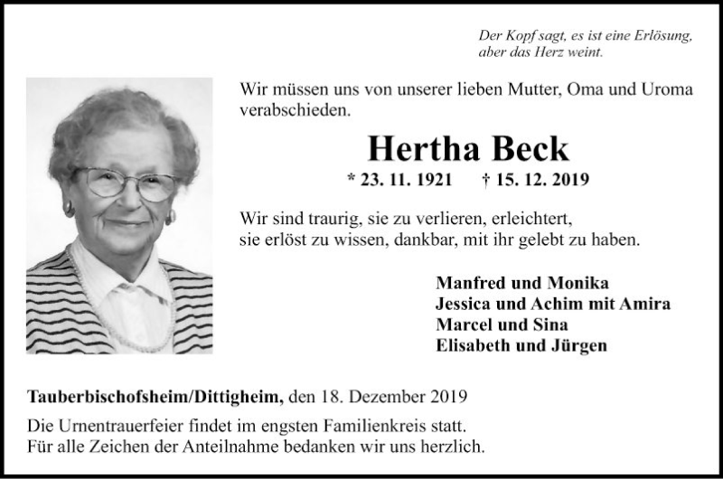 Traueranzeigen von Hertha Beck | Trauerportal Ihrer Tageszeitung