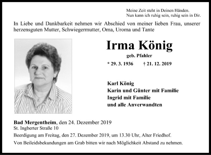  Traueranzeige für Irma König vom 24.12.2019 aus Fränkische Nachrichten