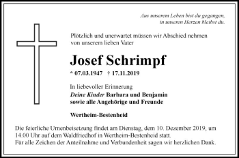 Traueranzeige von Josef Schrimpf von Fränkische Nachrichten