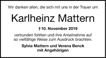 Traueranzeige von Karlheinz Mattem von Mannheimer Morgen