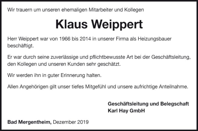  Traueranzeige für Klaus Weippert vom 14.12.2019 aus Fränkische Nachrichten