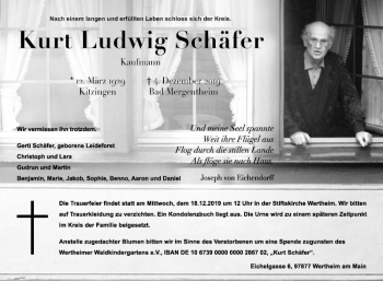 Traueranzeige von Kurt Ludwig Schäfer von Fränkische Nachrichten