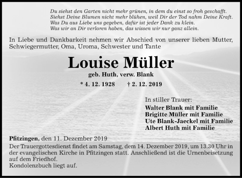  Traueranzeige für Louise Müller vom 11.12.2019 aus Fränkische Nachrichten