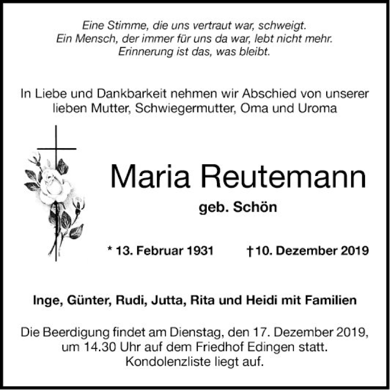 Traueranzeige für Maria Reutemann vom 14.12.2019 aus Mannheimer Morgen