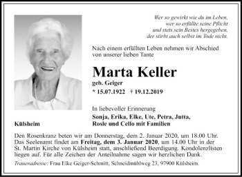 Traueranzeige von Marta Keller von Fränkische Nachrichten