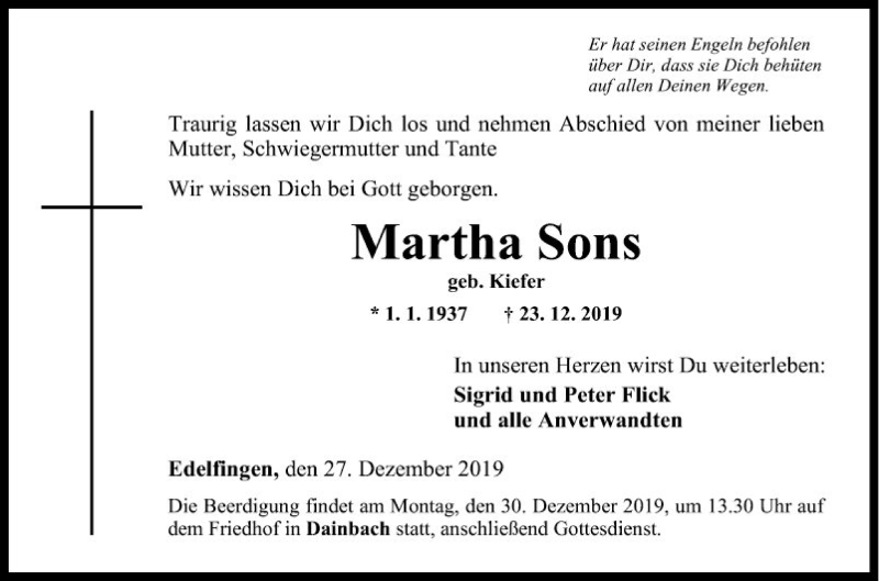  Traueranzeige für Martha Sons vom 27.12.2019 aus Fränkische Nachrichten