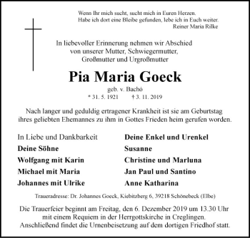 Traueranzeige von Pia Maria Goeck von Fränkische Nachrichten