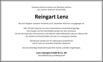 Traueranzeige von Reingart Lenz von Fränkische Nachrichten