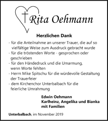 Traueranzeige von Rita Oehmann von Fränkische Nachrichten