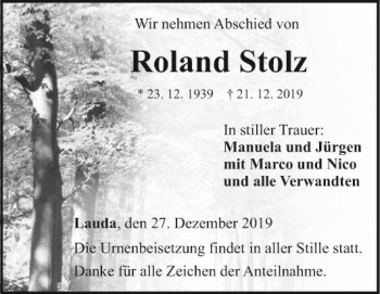 Traueranzeige von Roland Stolz von Fränkische Nachrichten