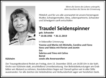Traueranzeige von Traudel Seidenspinner von Fränkische Nachrichten